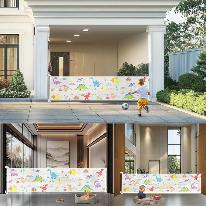 Retractable Baby Gate for Doorways and Stairs, Mesh Safety Gate for Pet, Indoor & Outdoor Use, One-Hand Operation, Easy Installation, 34" Tall, Expands to 130" Wide,Dinosaurs,34"x130"