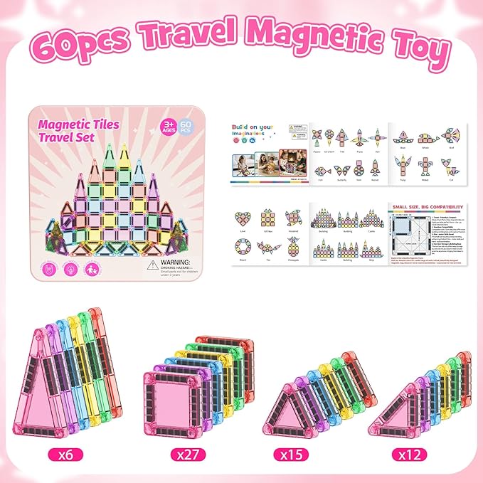 Travel Magnetic Tiles Building Set 60 PCS Transparent 3D Magnetic Blocks with Construction Board STEM Educational Building Toys for Boys & Girls Ages 3-12