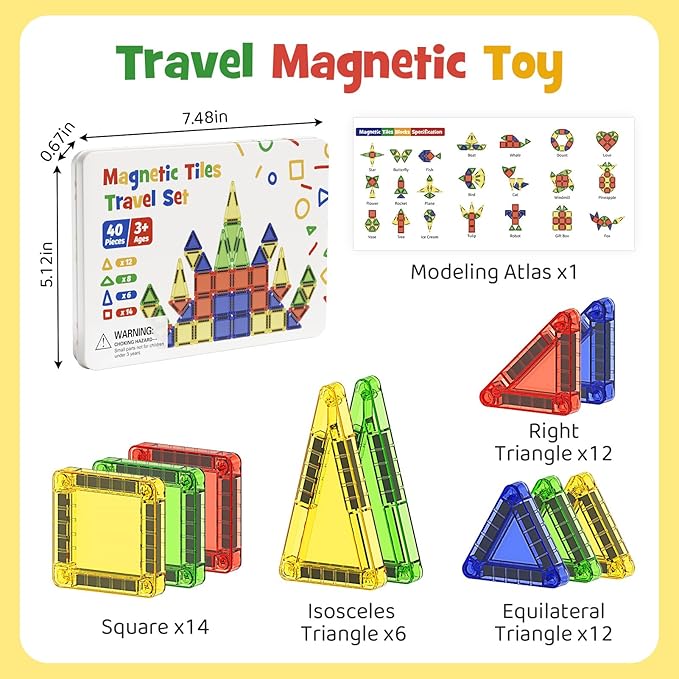 Magnetic Building Toys STEM Magnet Travel Construction Set with Storage Box - Educational Birthday Gifts for Boys & Girls Magnetic Building Toys for 3-8 Year Olds(40 PCS)