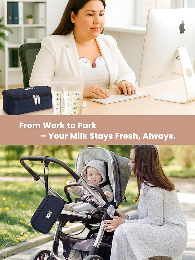 Breast Milk Cooler Travel Bag, Real-Time Temperature Display, Holds 4-6 Breastmilk Storage Bag with 2 Breast Milk Ice Pack, Cooling & Waterproof Portable Cooler for Moms on The Go(Navy Blue)