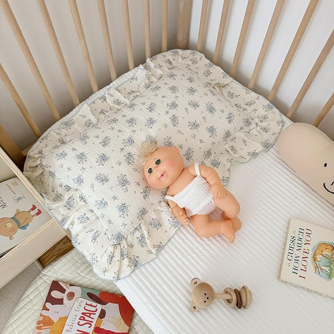 BuLuTu Muslin Cotton Kids Pillowcases for Girls Boys Shabby Chic Blue Floral Print Pillow Case Beige Toddler Pillowcases Standard Size Pillow Cover with Ruffles, 20"x26", 1 pc