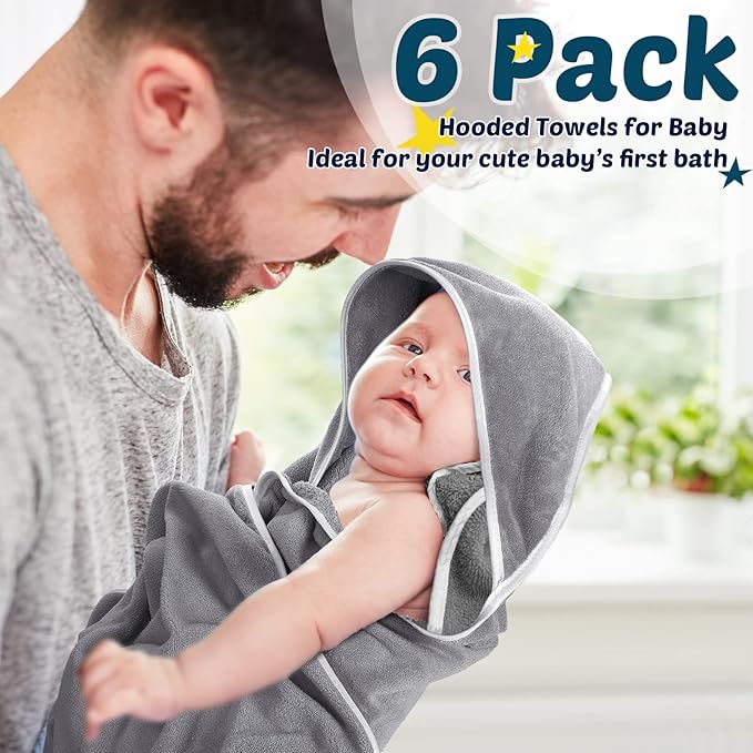 Chumia 6 Pack Baby Bath Towel Coral Fleece Soft Absorbent Newborn Hooded Towel for Kid 30 x 30 Inch Toddler Bath Blanket for Babies Infant Shower Gift(Gray)