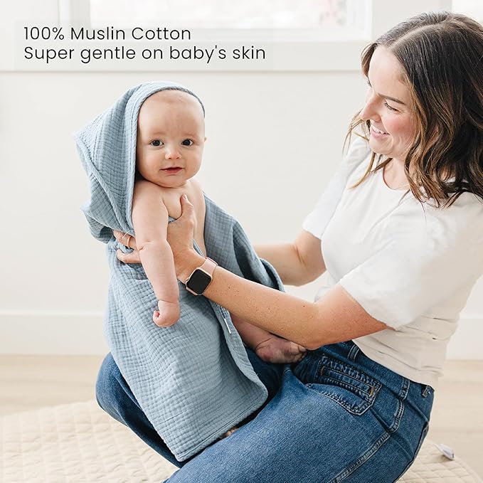 Konssy 2-Pack Muslin Hooded Baby Towels, 100% Cotton, Ultra-Soft & Absorbent Baby Bath Towels with Hood for Newborn & Infant (Blue, Blue Whale, 32" x 32")