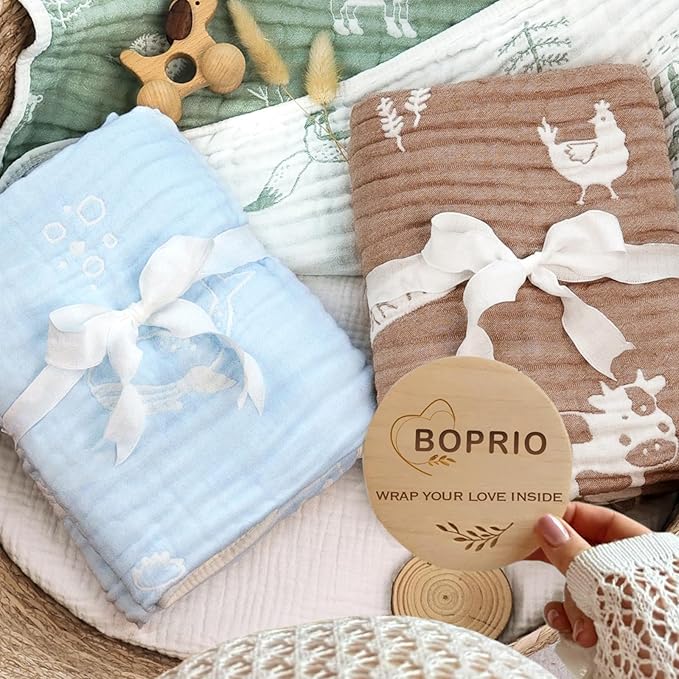 BOPRIO Muslin Baby Blankets for Baby Infant Toddler, 70% Cotton and 30% Rayon with Animal Design Super Soft and Lightweight Nursery Blankets 43 x 43 Inch (Sage Green Fox)