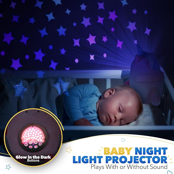 Bubzi Co Unicorn Baby Sound Machine & Night Light Projector, Portable Sleep Aid with White Noise & Soothing Shush Sounds
