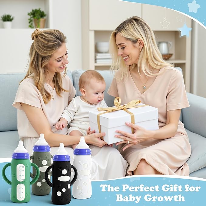 4-Pack Silicone Sleeves for Lansinoh Glass Bottles 8 oz- Starry Sky Design Baby Bottle Holder with Handles,Protectors for Lansinoh Natural Wave Glass Bottles, Anti-Scald Feeding Supplies