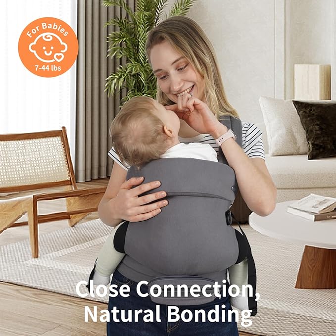 Baby Carrier, Baby Carrier Newborn to Toddler, Ergonomic, Cozy and Lightweight Infant Carrier for 7-44lbs, Toddler Carrier Ideal for Hands-Free Parenting with Zipper Pouch, Bottle Bag, Windproof Cover