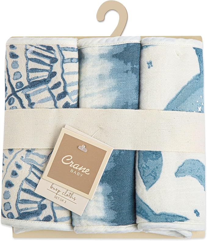 Crane Baby Muslin Burp Cloths, Nautical Theme Whale Design, Baby Boy Essentials, Cotton, Set of 3, 7" x 20" Blue Burp Cloth Set