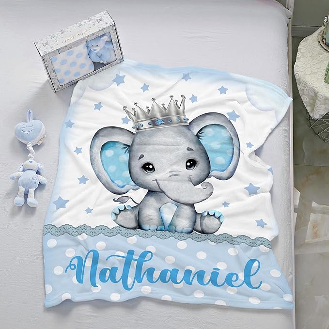 J&SBGFT Personalized Baby Blanket for Boys, Customized Name Blanket for Toddlers Kids Nursery Stroller Crib Decor Throw, King Elephant