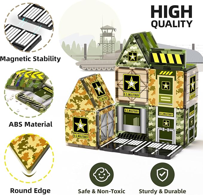 GobiDex Magnetic Tiles Army Toys, STEM Military Magnetic Building Blocks for Toddler Kids Ages 3-5 4-8, Sensory Magnet Construction Toys Birthday Gifts for 3+ Year Old Boys & Girls Army Men Playset