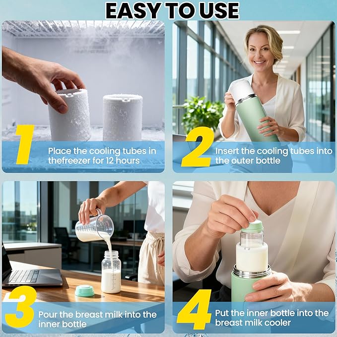 22oz Breast Milk Cooler Bottle, 360° Cooling for 24 Hours, Portable Breastmilk Chiller with 2 Bottles, TSA Approved, Safe for Baby Bottle Sterilizer
