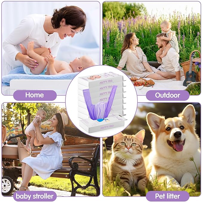 Honoson 1200 Count Baby Disposable Diaper Bags Scented Diaper Sacks with Tie Handle Disposal Baby Poop Trash Bags Waste Sacks Refill (Purple)