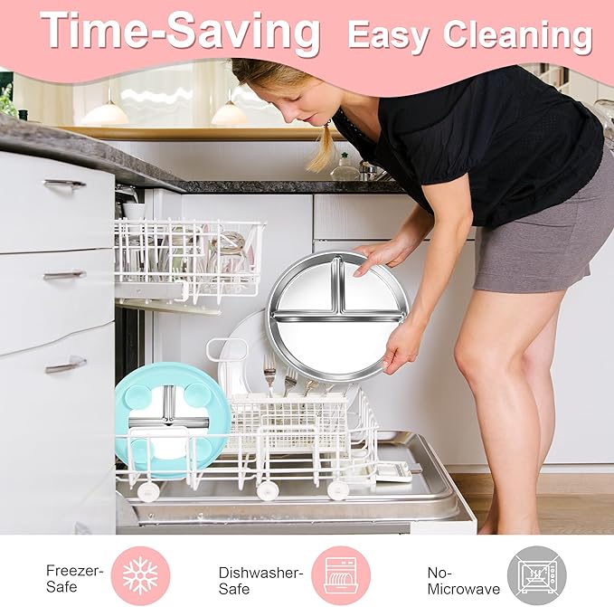 Bella's Friends Stainless Steel Toddler Plates Silicone Suction,3 Packs Non-Slip Baby Plates,Divided Portion,Food-Grade Silicone Plate for Kids,LEAD-FREE Dishwasher Safe,Grey Mint Green Pink