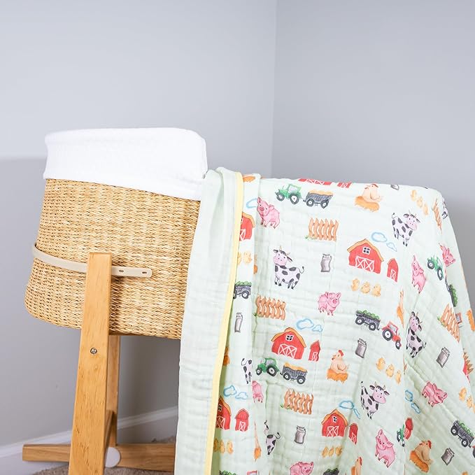 LollyBanks Muslin Baby Blanket 100% Organic Cotton, Muslin Quilt Lightweight, 6 Layers Soft Blanket Neutral, 47"x 47" Toddler Blankets for Girls and Boys, Nursery Receiving Blankets (Farm Theme Print)