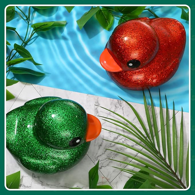 Honoson 2 Pcs 6.89 Inch Giant Glitter Rubber Ducks Big Sparkly Rubber Ducks Jumbo Bathtub Toys with Squeaky Sound for Baby Shower Pool Activity Birthday Gift(Glitter,Red, Green)