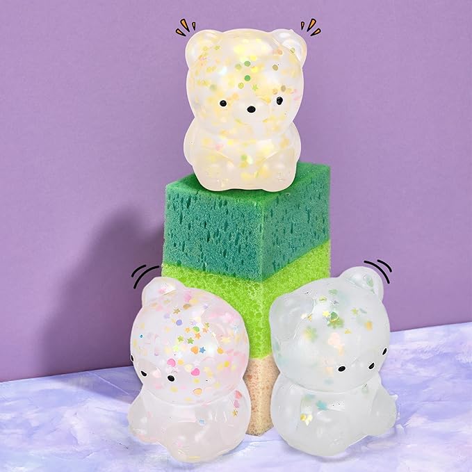 Neliblu Set of 4 Glitter Teddy Bear Squishies - Calming Sensory Toy for Stress Relief, Autism, ADHD - Cute Bear with Huggable Shapes - Gold Silver Pink Purple - Gift for Kids