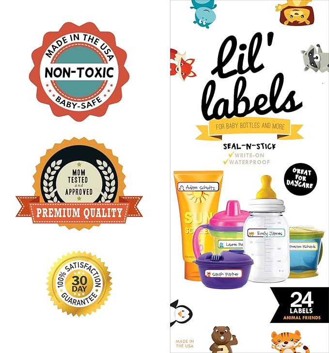 Bottle Labels, Write-On Name, Self-Laminating, Waterproof, Baby Bottle Label for Daycare, Made in The USA (Animal Friends Set of 2)
