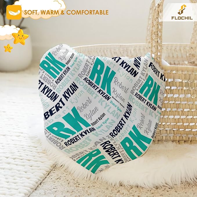 FLOCHIL Personalized Baby Blankets, Custom Baby Blanket - Baby Blanket with Name for Boys, Best Gift for Baby, Newborn Elephants Flush Fleece (30x40) (Monogram 3)