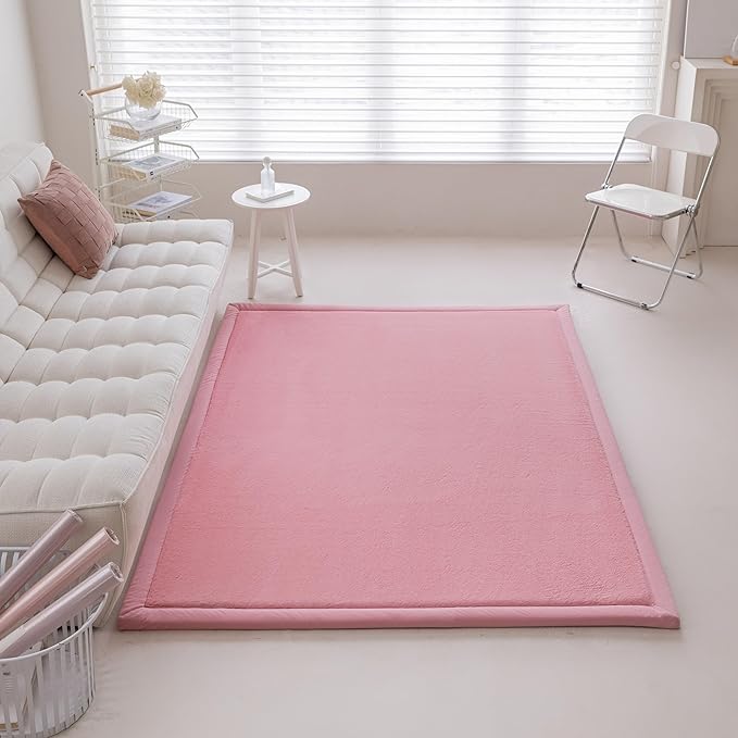 Loartee Faux Rabbit Fur Rug - 1.18" Thick Soft Fluffy Area Rug, Non-Slip Memory Foam Crawling Mat, Light Pink, 78"x78"