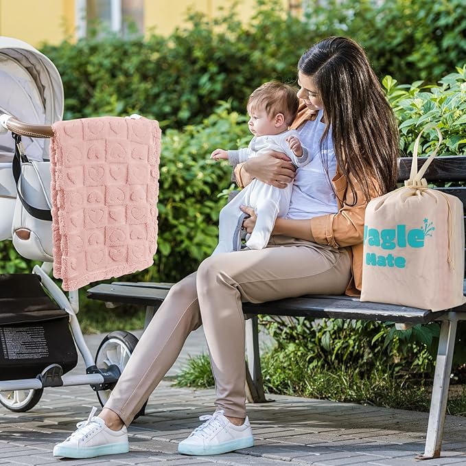 4 Pcs Baby Blankets,Fleece Heart Checkered Blanket, Fluffy Crib Blankets for Girls, Toddler Newborn Receiving Blankets 30×40 Light Pink