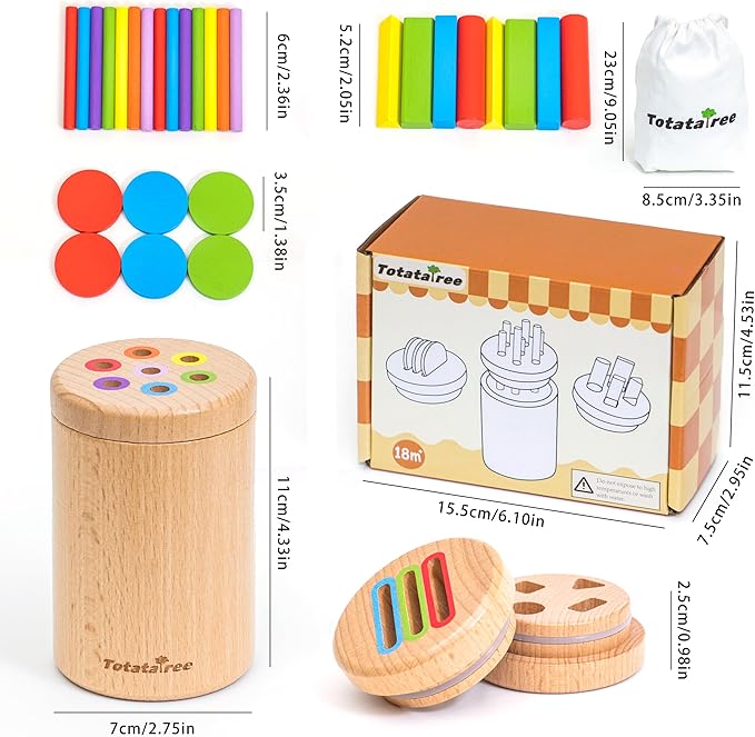 Wooden Montessori 3-in-1 Sensory Matching Games Play Set, Color & Shape Sorting Coin Box for Ages 2-4, Toddler Learning Toy
