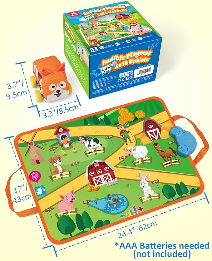 Coogam Musical Cars Play Mat for 1 2 3 Year Old Toddlers Easter Basket Stuffers, Soft Pull-Back Vehicle Set with Farm Animals Playmat Rug, Baby Fine Motor Montessori Toys Game