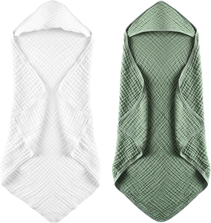MUKIN Baby Hooded Towels, Muslin Cotton, 2-Pack, for Newborn, Infant, Toddler and Kids (White,Dark Green)