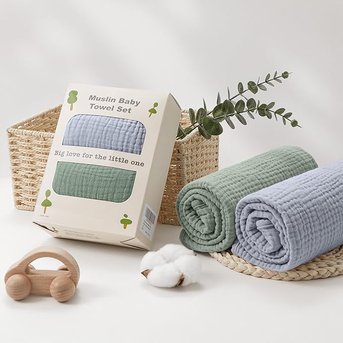 Susurration Hooded Baby Towels for Newborn 2 Pack 100% Muslin Cotton Towel for Babies,Highly Absorbent and Newborn Essential 30x30 Inch Gray&Green