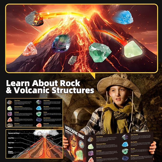 Volcano Dig Kit - 10 Rocks Excavation Kit, Gemstone Rocks for Kids, Fossil Volcano Toys Dig Kits for Rocks Collection, Volcano Toys for Boys Girls 6 and up Year Old Birthday Gifts