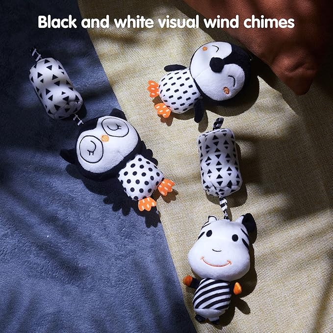 TUMAMA Black and White Baby Toys for 3 6 9 12 Months,Plush Hanging Rattles,Newborn Stroller Toys for Boys and Girls,4 Pack