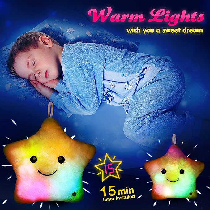 WEWILL 13'' Creative Twinkle Star Glowing LED Night Light Plush Pillows Stuffed Animals Toys Birthday Christmas Holiday Valentines Gifts for Toddlers Girls(Yellow)