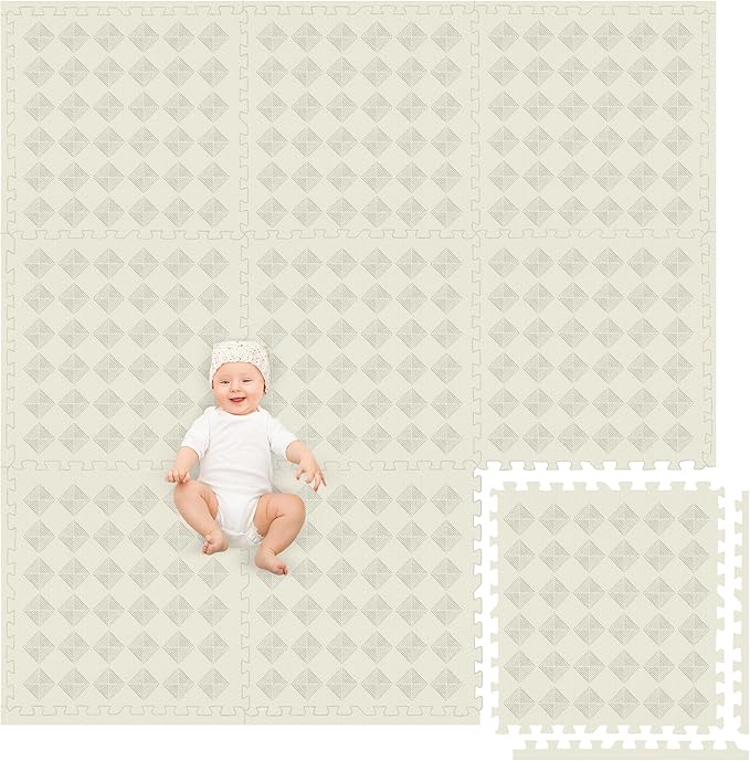 Play Platoon Large Kids Mats for Floors, 9 Tile 72 x 72 inch, Extra-Thick Interlocking Tiles, 24 x 24 in. Puzzle Mat Pieces with Border, Non-Toxic, Neutral Playmat Rug for Toddlers & Children