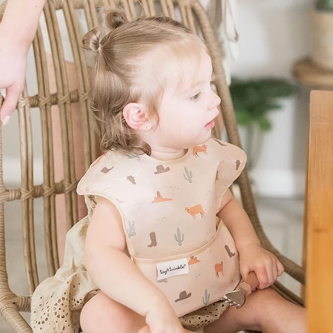 Tiny Twinkle Mess Proof Baby Bibs for Eating – Waterproof, Wipeable Toddler Bibs with Pocket – Baby Food Bibs for Girls & Boys(3 Pack,Cowboy)