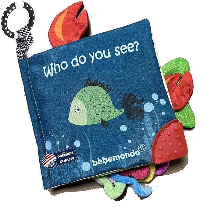 Fish Baby Book 0-6 Months,Touch Feel Cloth Crinkle Books for Babies,Infant Baby Toys 6-12 Months,Learning Education Soft Sensory Mirror Toy,Shower Gifts Easter for Boys Girls-Teether