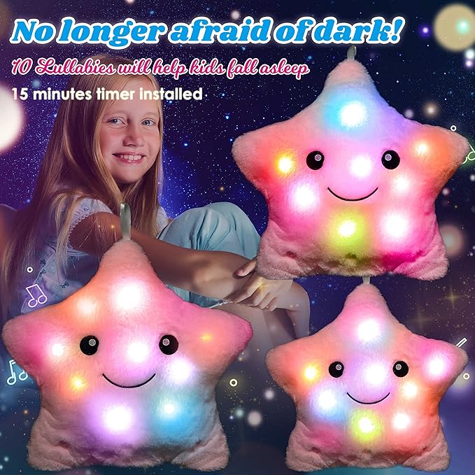 Cuteoy 13" Musical Pink Star Plush Pillow Glowing Twinkle Night Light Stuffed Animal LED Toys Adjustable Volume Birthday for Girls Boys