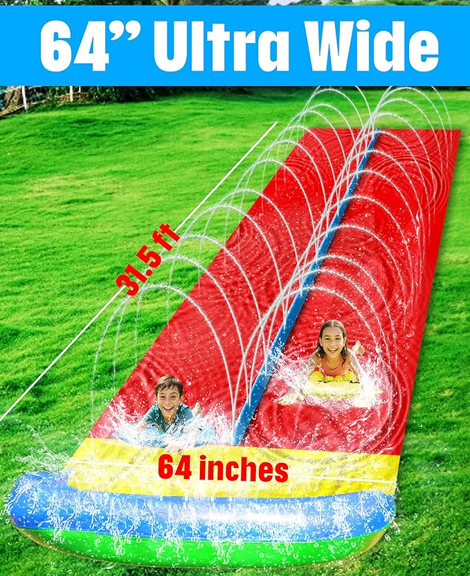 JAMBO 31.5Ft Extra Long Water Slide and 2 Bodyboards, Heavy Duty Slip Splash and Slide with Inflatable Crash Pad, Summer Water Toy Sprinkler, Backyard Outdoor Water Fun n Toys for Kids, Splash Mat