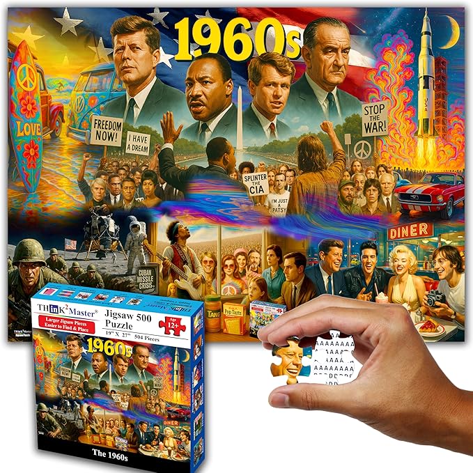 Think2Master 1960s 500 Pieces Large Format Jigsaw Puzzle: Kids 12+, Teens, Adults & Families. Travel Back in Time with The Nostalgic Collage. Great Gift. Size: 26.8” X 18.9”