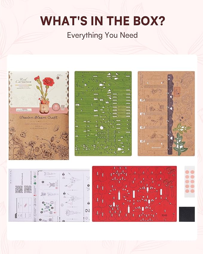 3D Flower Wooden Puzzles for Adults-Red Carnation, DIY Wooden Flowers Model Kit Building Set Crafts for Adults to Build, Botanical Collection/Ideal Creative Gift Ideas/Housewarming (124PCS)