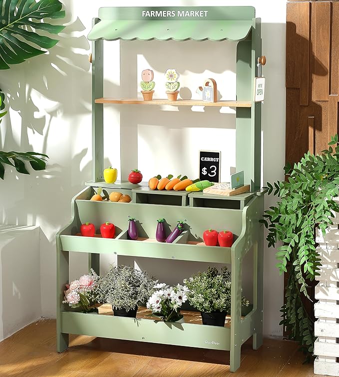 PairPear Wooden Mud Grocery Stand, 2-in-1 Outdoor Market Stand & Mud Kitchen for Kids Outdoor, Montessori Pretend Play Toy with 14 Accessories, Cash Register & Play Food, Ages 3+ in Green