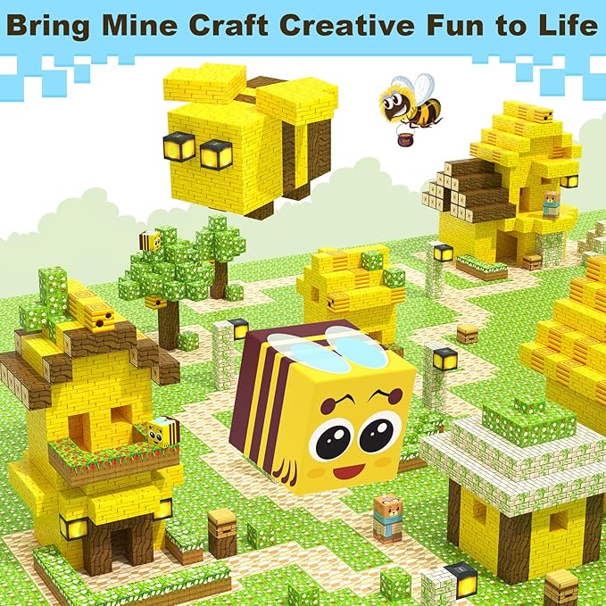 Magnetic Blocks Building Toys - Build Mine Magnet World Bee Cottage Building Set Kids Toys for Ages 3-12 STEM Sensory Toys Buildable Game Elements Gifts for 3+ Year Old Boys & Girls