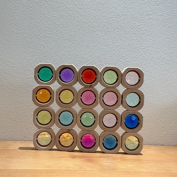 20PCS Wooden Gem Blocks Stacking Toys,Colorful Acrylic Windows Blocks, Rainbow Crystal Acrylic Building Cubes Educational Sensory Training Crystal Toys (20PCS Round Gem Blocks)