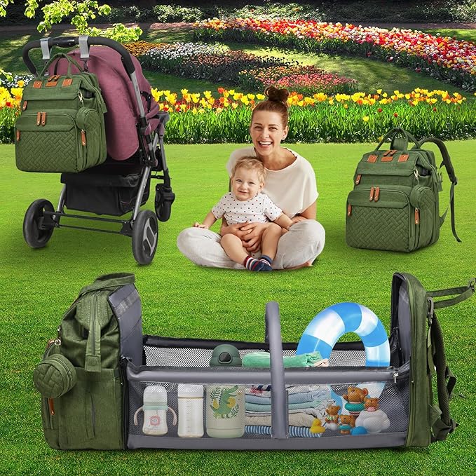 Baby Bag Diaper Bags with Changing Station, Large Capacity Diaper Bag Backpack for Moms Dads with USB Charging Port, Waterproof Diaper Backpack(Army Green)