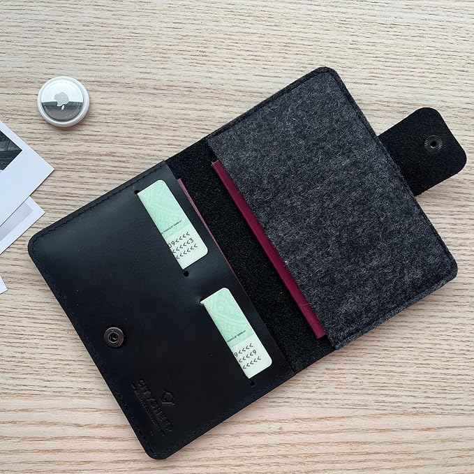 Family Passport Holder Compatible with Airtag Tracker Full Grain Leather Passport Wallet Cover with a Place for Airtag for Secure Travel Documents Storage. Black Color. CITYSHEEP