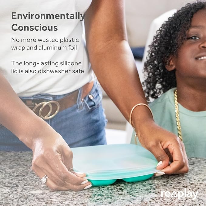 Re-Play Toddler Plates with Dividers - Deep-Walled 3 Compartments Divided Plates for Kids with 3 Lids - Dishwasher & Microwave Safe - Made in USA - Set of 3-7.37" x 7.37" x 1.25" - Monochrome