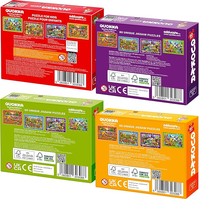 QUOKKA Puzzles for Kids Ages 6-8 - Toddler Puzzles 4-6 - 4-Pack 60 Piece Search and Find Animals and Bugs Jigsaw Puzzle 5-8 - Learning Toys for 3 yo Boys and Girls - Educational Games Gift Version II