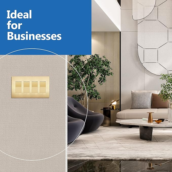 LIDER Brushed Finish Decorator Switch Cover, Screwless Wall Plate, Mid-Size 4-Gang 4.88" x 8.58", Unbreakable Polycarbonate Thermoplastic, UL Listed, LSWP-34M-BGD, Brushed Gold