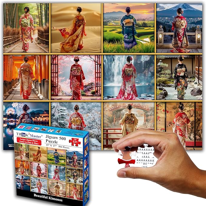 Think2Master Beautiful Kimonos from Japan 500 Pieces Large Format Jigsaw Puzzle for Kids 12+, Teens, Adults & Families. Elegant Colorful Dresses Vibrant Colors, Cultural Art Size: 26.8” X 18.9”