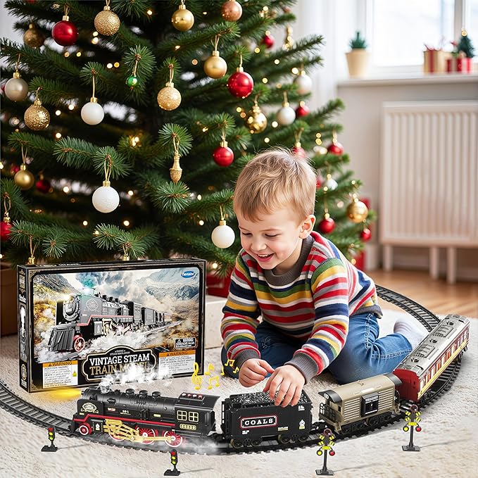 Funwee Electric Train Toy with Smokes,Lights and Sound,Train Set for Under Christmas Tree, Locomotive Train Model with Track, for 3 4 5 6 7+ Years Old Toddler Boys and Girls Birthday