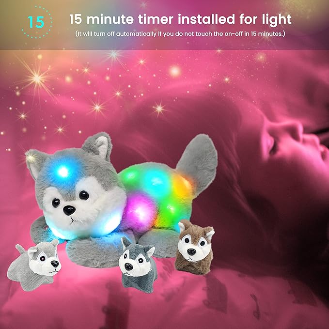 Hopearl LED Plush Husky Lighting Up Stuffed Mommy Dog with 3 Baby Puppies in her Tummy Stuffed Animal Playset Night Lights Glow in The Dark Gifts for Mom Toddler Boys Girls, Gray, 17''