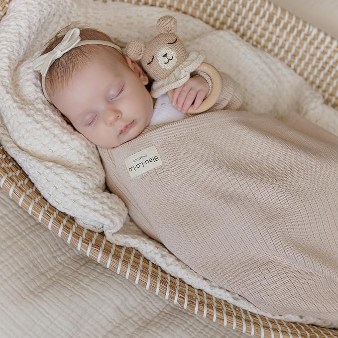 Organic Ribbed Swaddle Blanket for Boys & Girls - 100% Luxury Organic Soft Cotton Knit Warm Cozy Cuddle Stroller Blanket for Newborns, Infants, & Toddlers (Oatmeal)